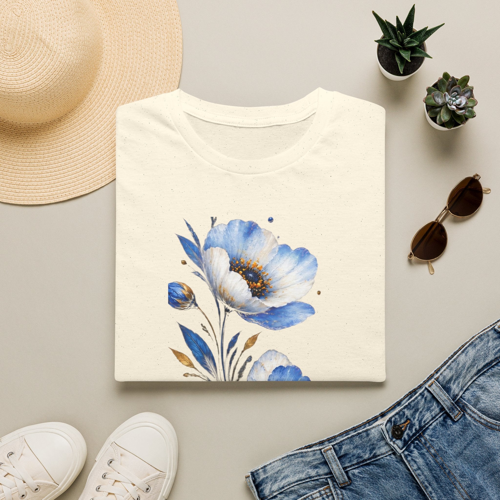 Blue Watercolor Floral T-Shirt