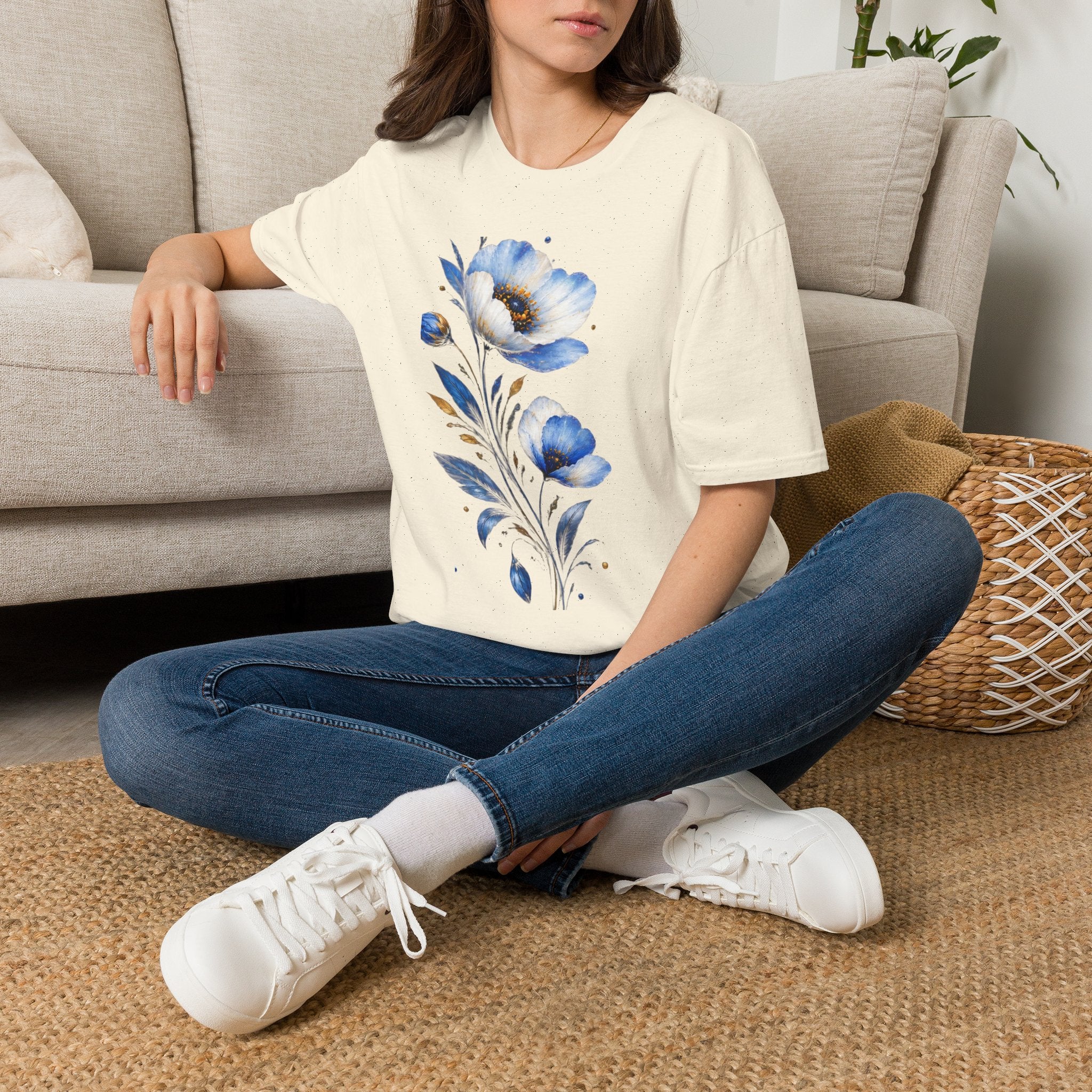Blue Watercolor Floral T-Shirt