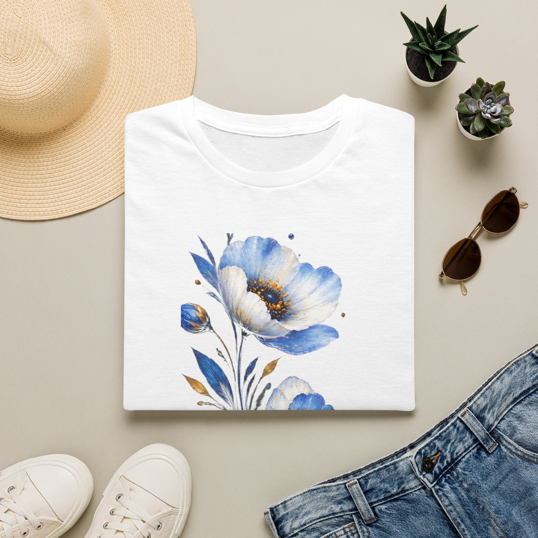 Blue Watercolor Floral T-Shirt