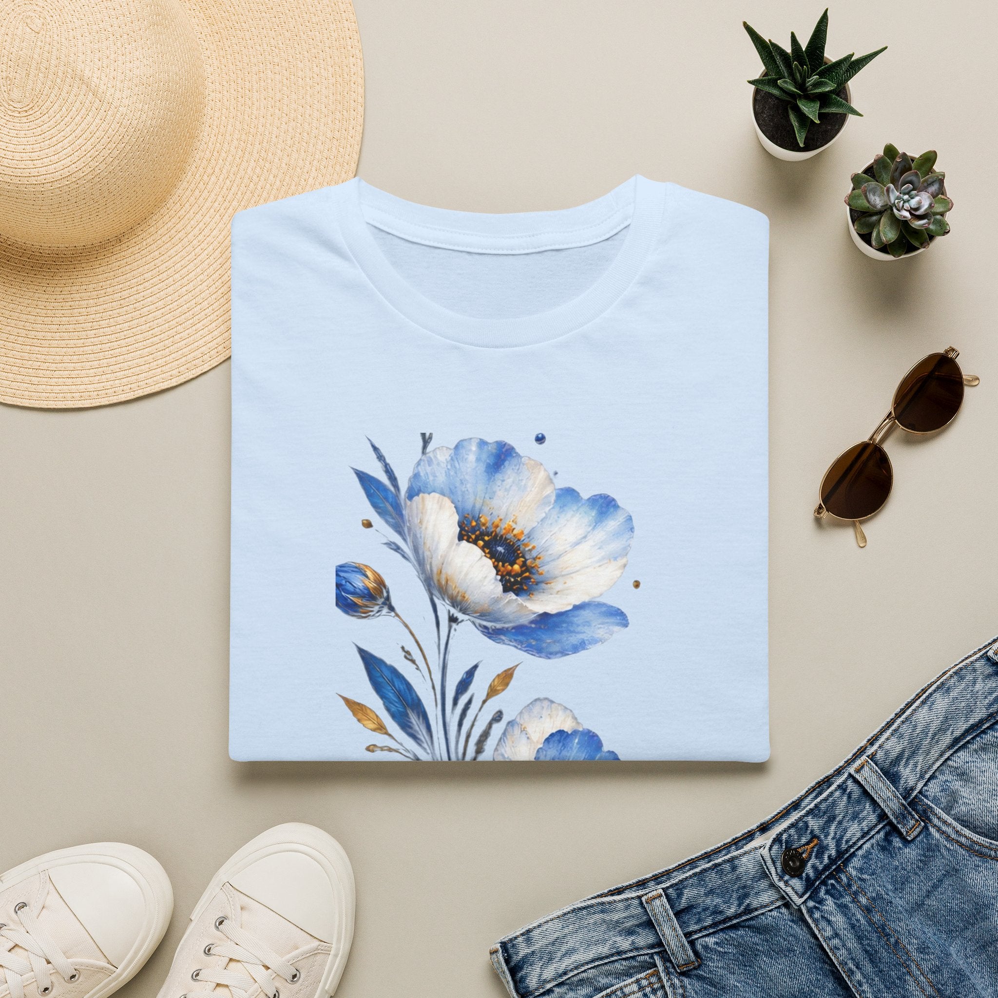 Blue Watercolor Floral T-Shirt