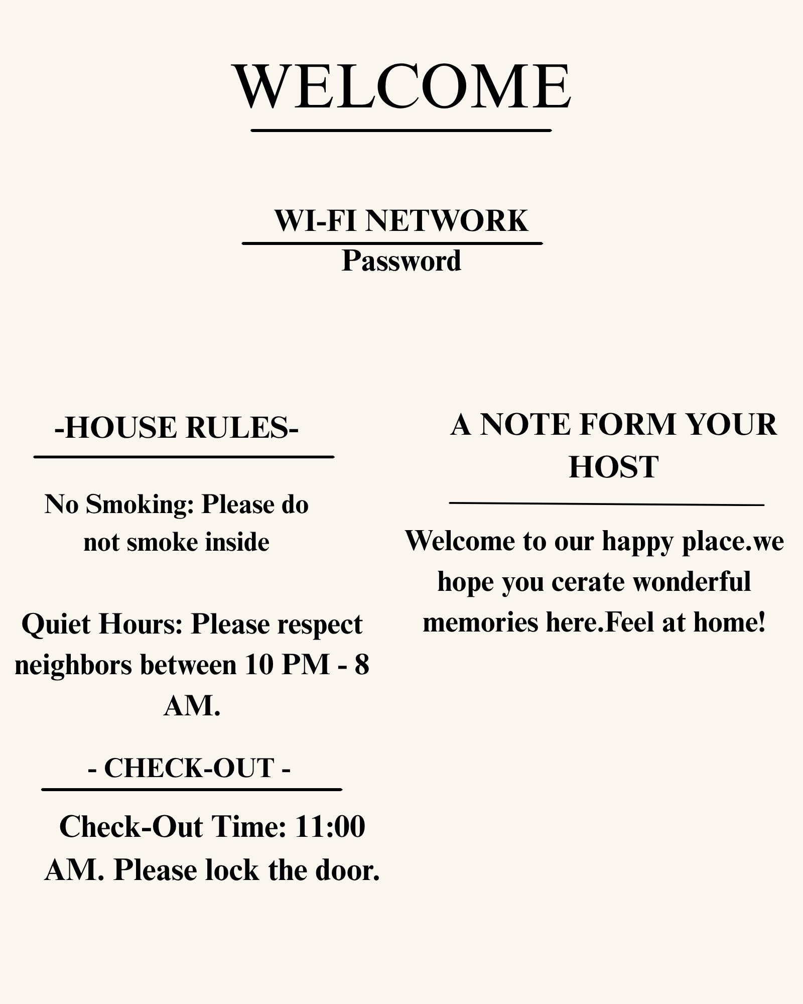 Luxury Airbnb Welcome Sign Template | Minimalist Guest Check-In & Wi-Fi Poster | Editable Canva Template (8x10 in)